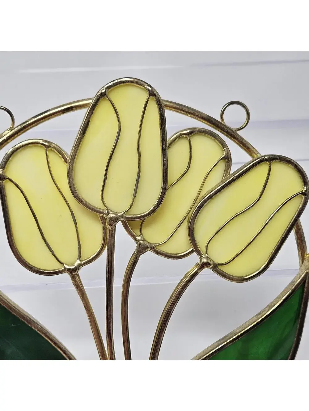 Vintage Yellow Tulip Suncatcher Faux Stained Glass Window Hanging Art